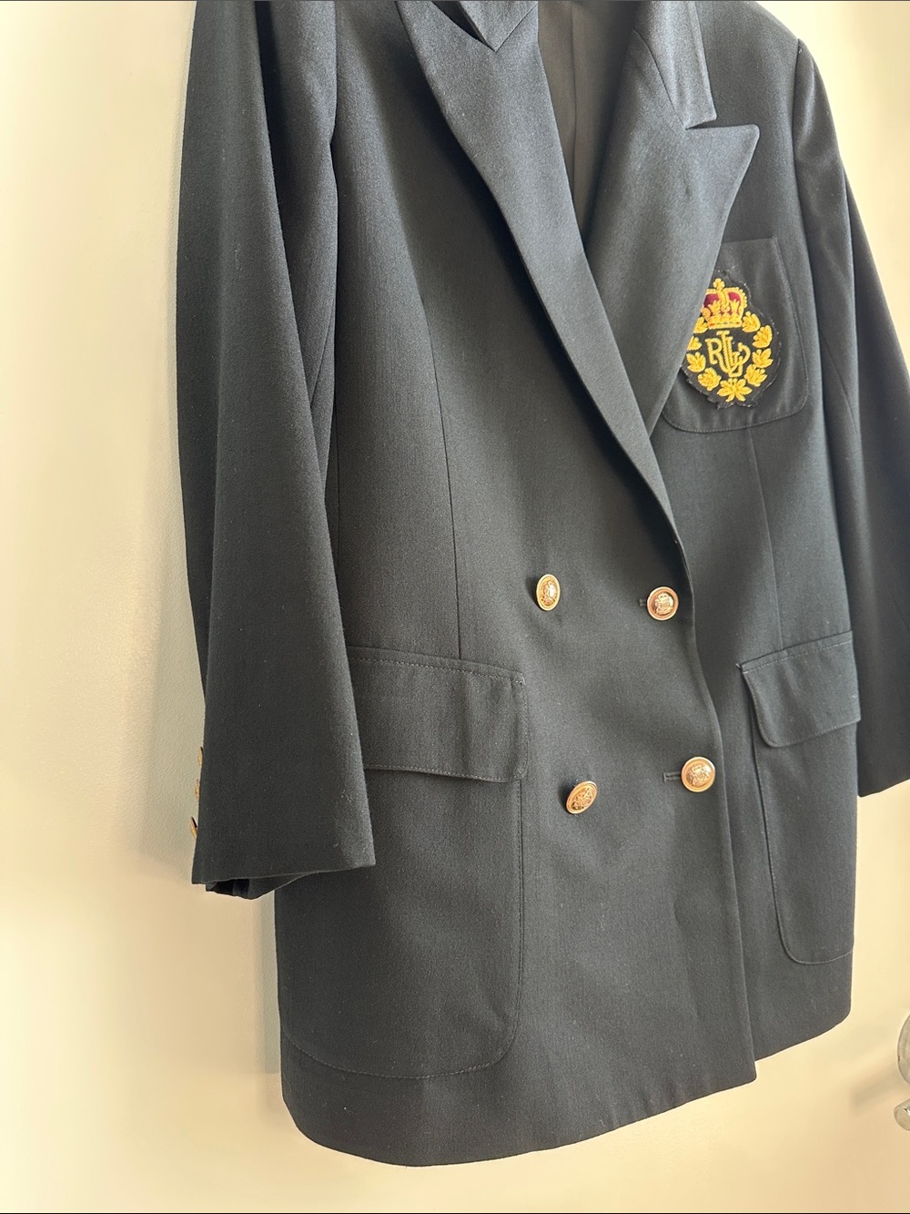 Vintage 90s Ralph Lauren Black Double-Breasted Blazer with Embroidered Crest 14 - Picture 5 of 12